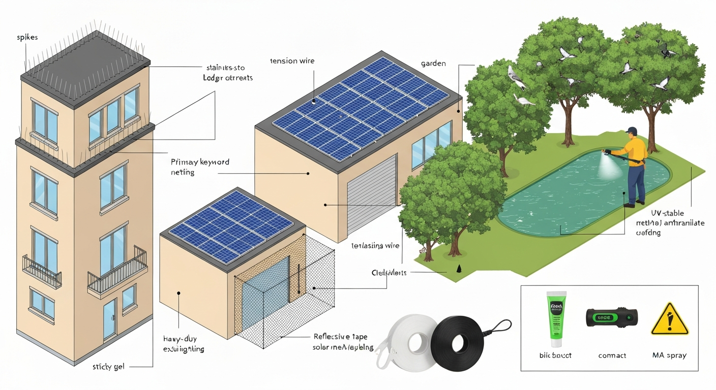 Isometric infographic showing ledge spikes, netting, tensioned wire, solar-panel mesh, sticky gel, reflective tape, sonic unit, and methyl-anthranilate spray applied around a building and garden.