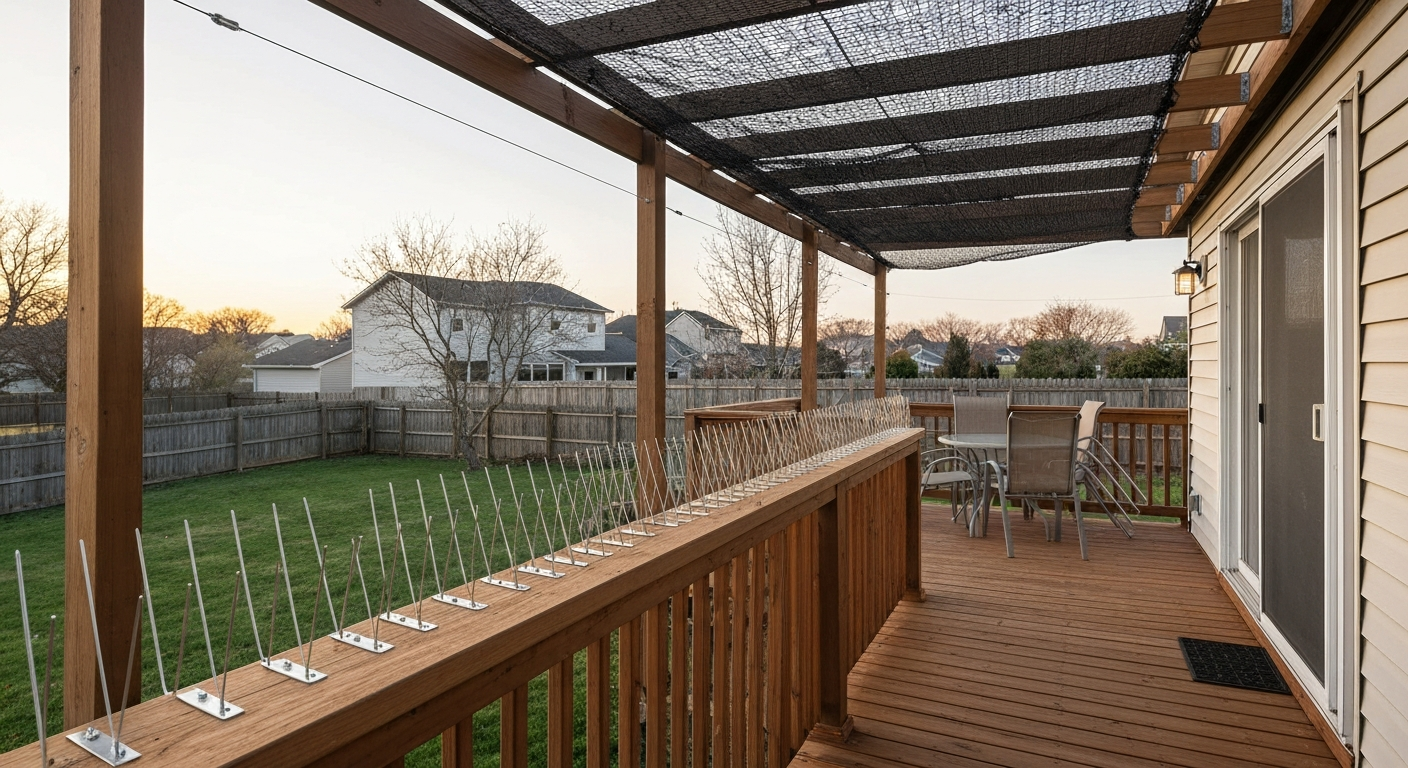 Wide daytime photo of a wooden deck protected with stainless-steel spikes on the railing, taut black bird netting under a pergola, and thin tension wires across beams.