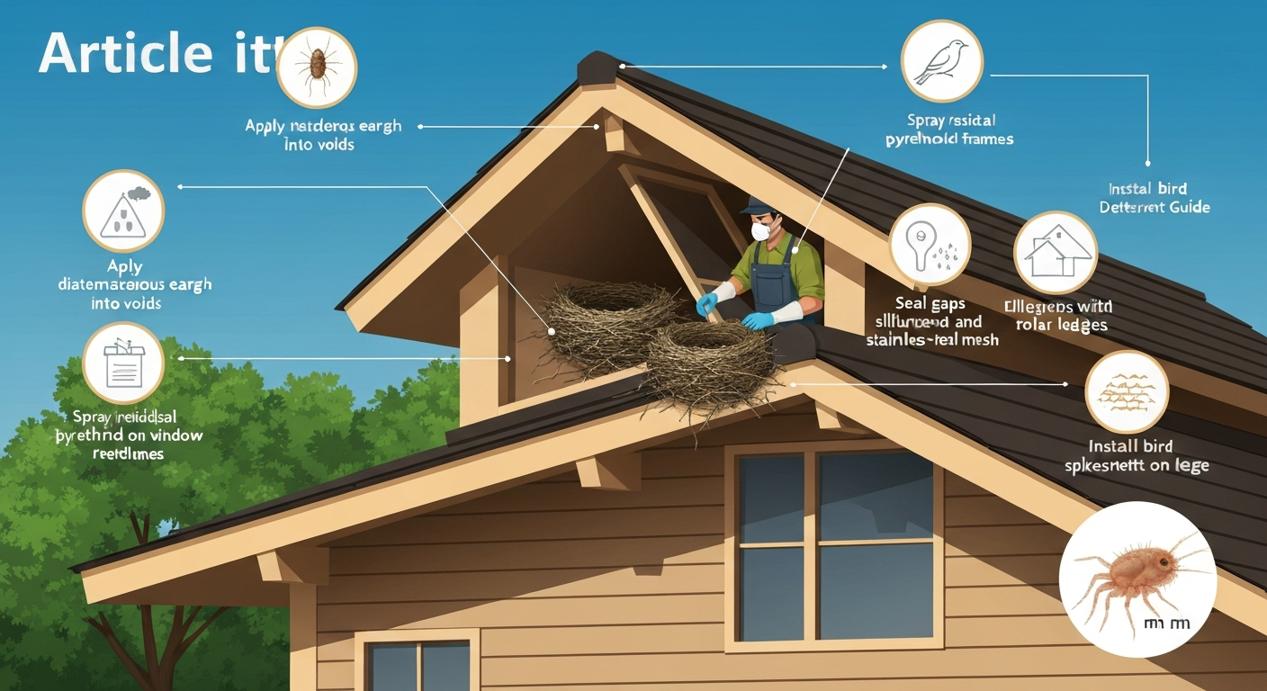 Infographic of a house roof and eaves showing nest removal, DE application, residual spray, gap sealing, and bird-proofing measures with a magnified inset of a bird mite.
