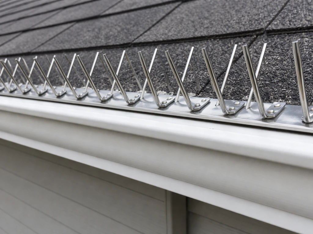 Stainless-steel bird spikes installed along a roof ledge, with a clear overhang seam detail