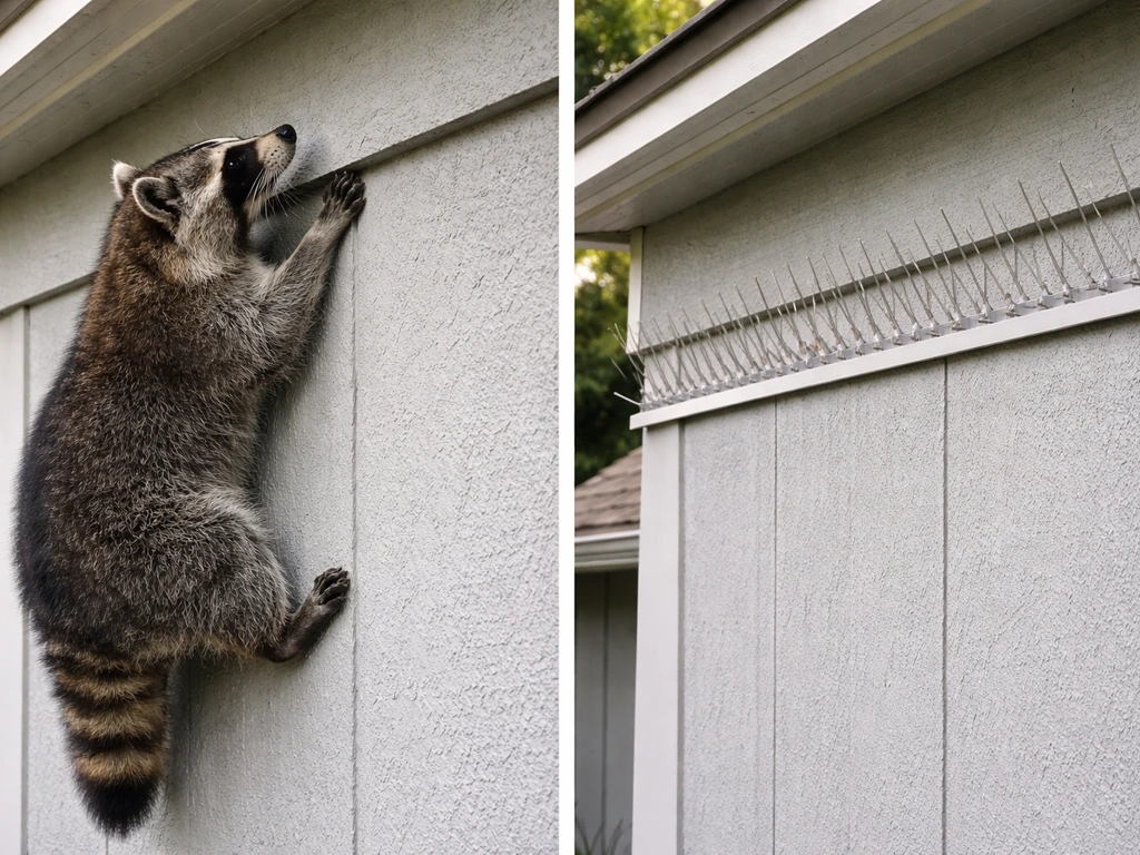 Raccoon climbing a vertical wall beside stainless steel bird spikes mounted near a roof edge.