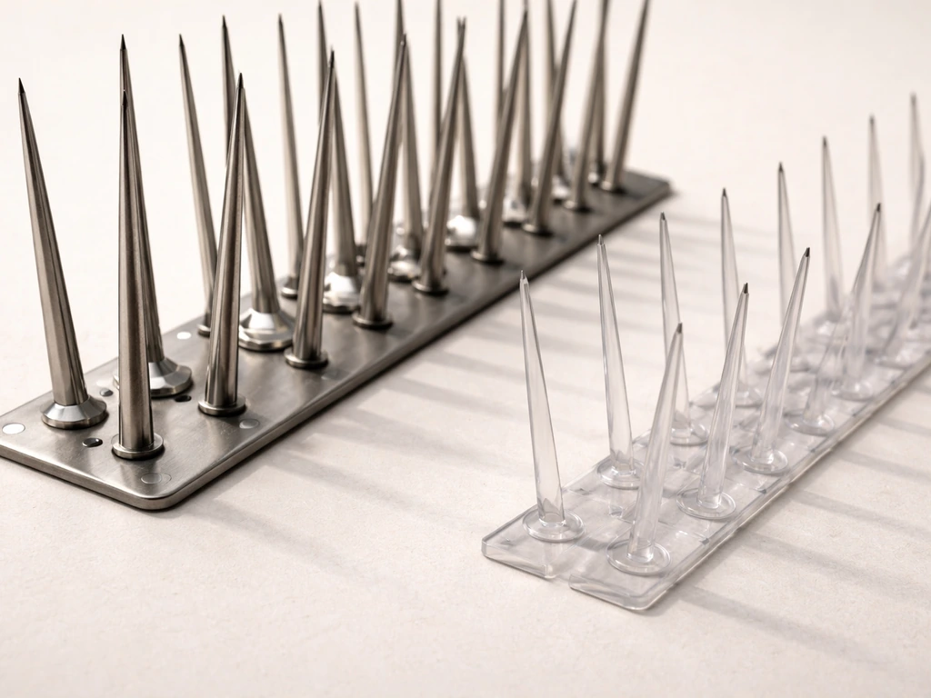Close-up of stainless steel spike rods next to lighter polycarbonate spikes on a simple surface
