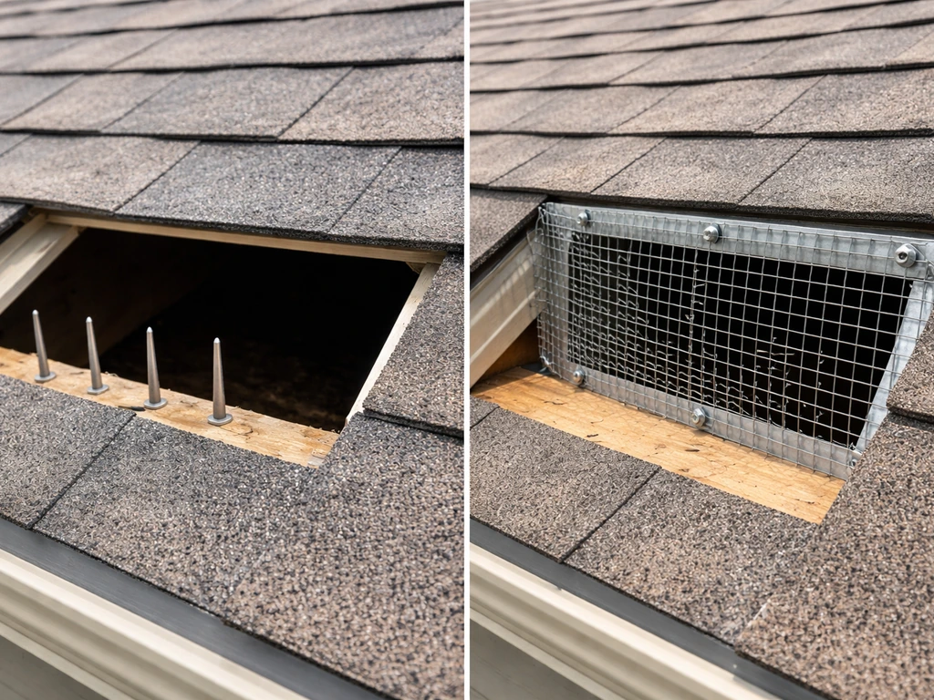Hardware cloth bolted over an open roof vent, showing physical exclusion after an initial failed deterrent.