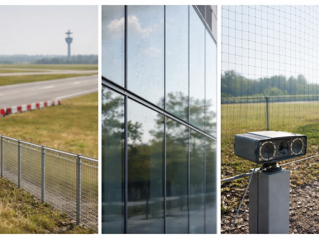 Collage-style view of airport barriers, bird-safe patterned glass, and netting/hazing deterrents to prevent collisions.
