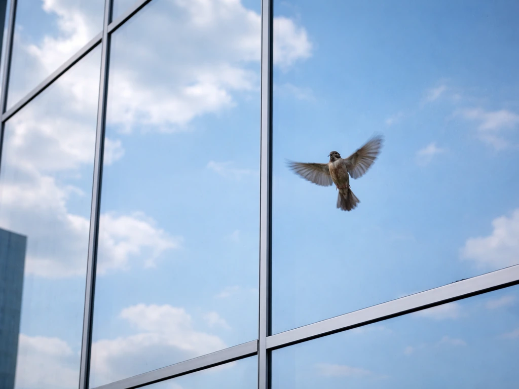 A small bird flies close to a reflective glass building façade, illustrating collision risk with sky reflections.