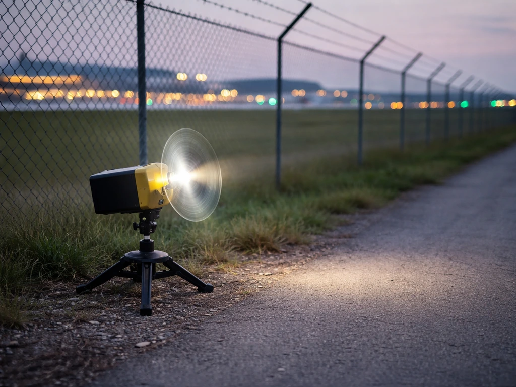 Airport perimeter device with rotating visual deterrent aimed toward runway lights at dusk.