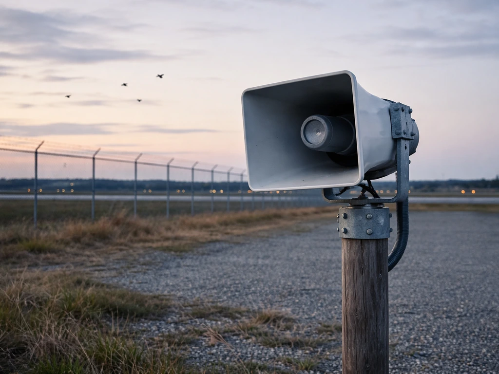 Mounted outdoor sonic bird-deterrent speaker with distant birds at the edge of an airfield