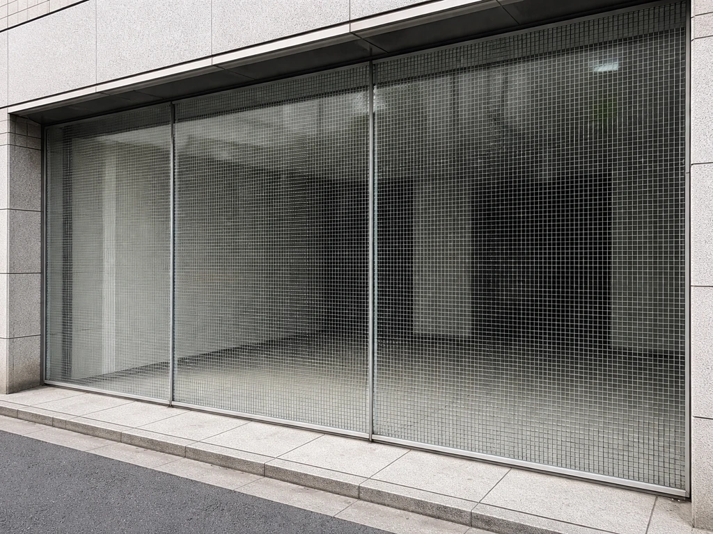 Glass building facade with exterior netting screening installed in front of windows as a physical barrier.