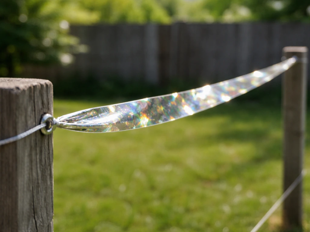 Bird repellent tape stretched between two outdoor posts in a sunny yard, fluttering and reflecting light.