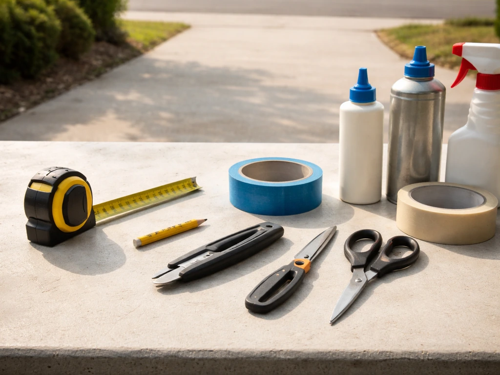 Tools for hanging a project laid out neatly on a driveway workbench: tape, pencil tape, knife, scissors, cleaning suppli