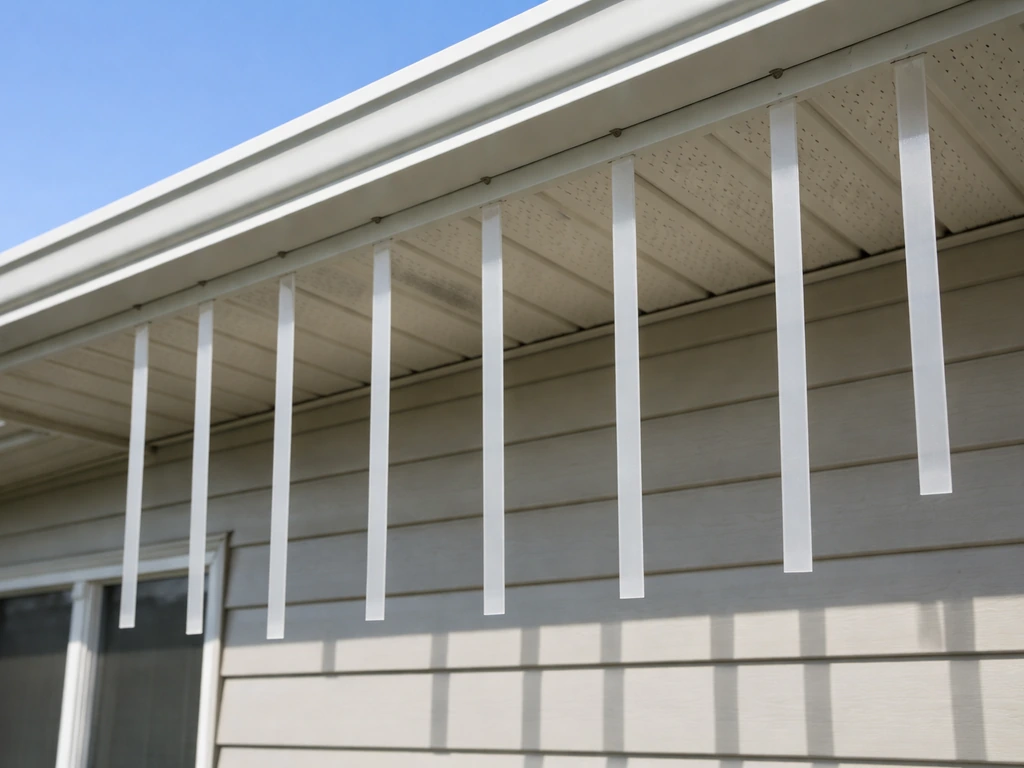 Close-up of vertical strips hanging from a house eave edge in front of the soffit