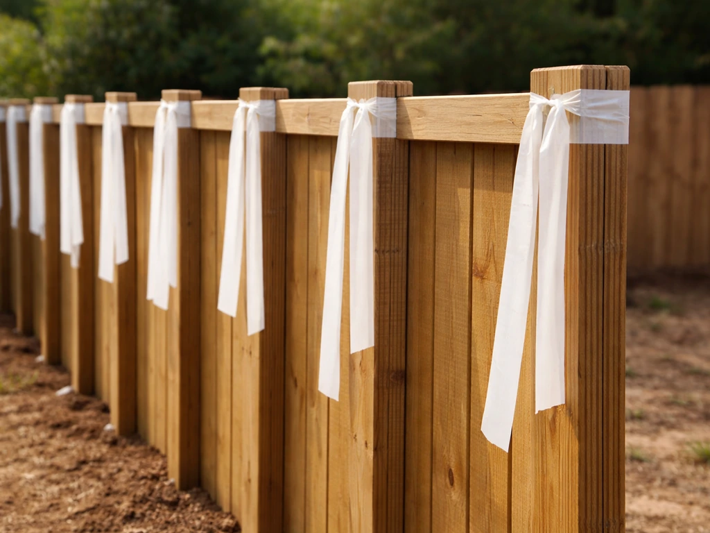 Close view of fence posts with vertical strips of tape tied along the fence line, hanging down near the posts.
