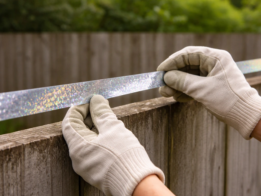 Gloved hands checking outdoor reflective bird repellent tape on a fence rail in natural light