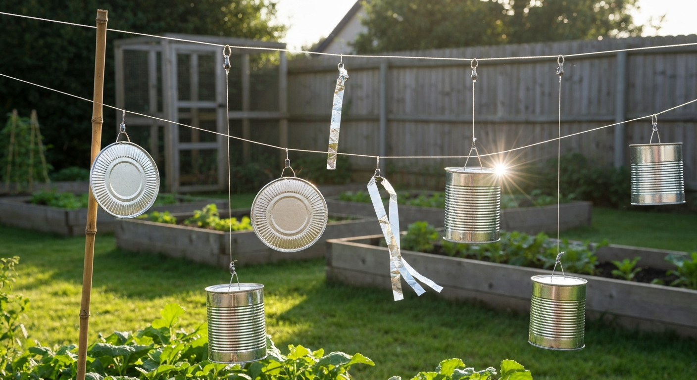 Small vegetable garden with several tin-can bird scarers — pie tins and Mylar strips hung on bamboo stakes and lines, catching sunlight and spinning to deter birds.