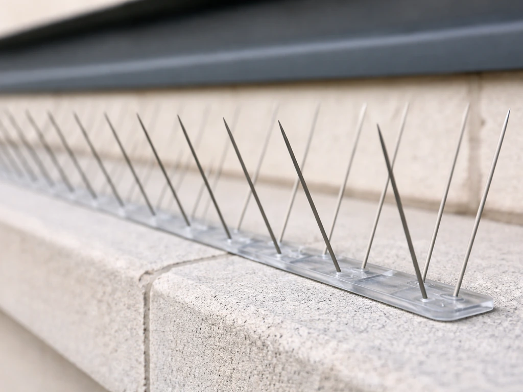 Close-up of bird spikes installed along a building roof edge with evenly spaced spike tips