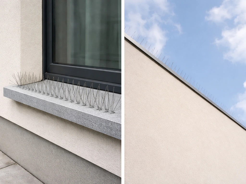 Split view photo showing a ground-floor window ledge and an elevated roof edge with bird spikes, different heights.