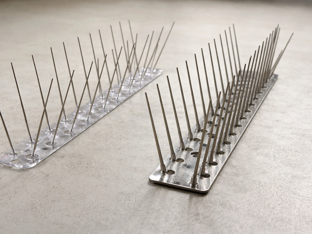 Close-up of two bird spike strips side-by-side: polycarbonate base with stainless pins vs full stainless spikes.