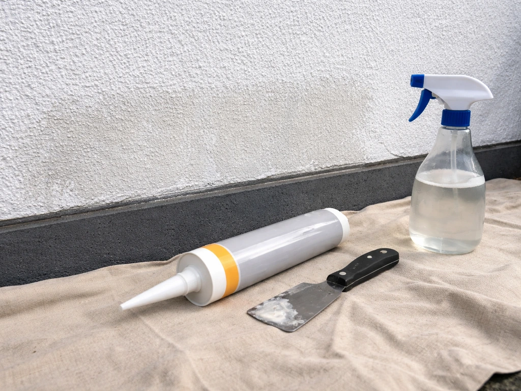 Exterior wall prep with a tube of sealant, cleaning bottle, and damp-cleaned surface ready for bird spike mounting.