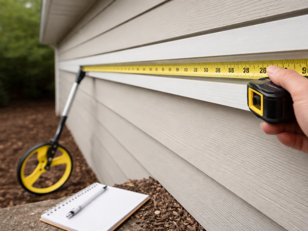 Hand holding a tape measure along a house eave with a notebook and measuring wheel nearby.