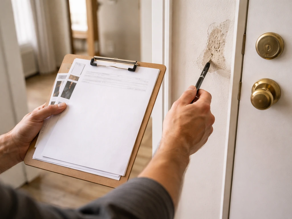 Anonymous hands reviewing a blank clipboard with site photos and a close-up of door hardware and wall damage.