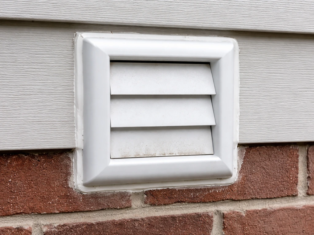 Exterior dryer vent on an exterior wall with a bird-resistant louvered flap cap, sealed and weatherproof.