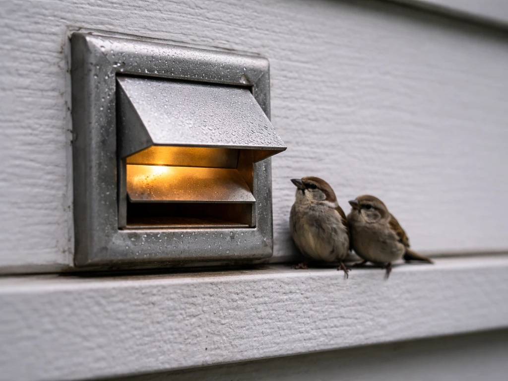 Close-up of a warm dryer vent hood with birds nearby, highlighting the sheltered exterior opening.