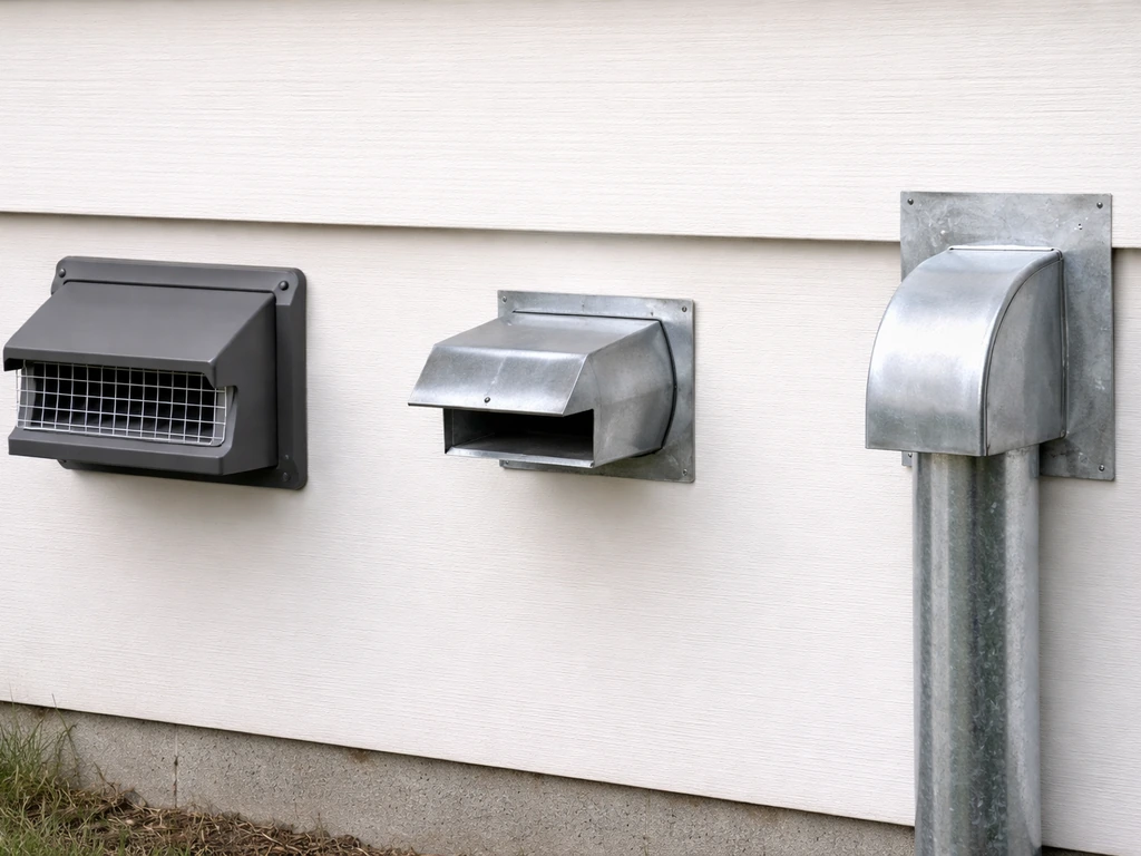 Three realistic dryer vent cap setups shown side-by-side on a clean outdoor wall surface.