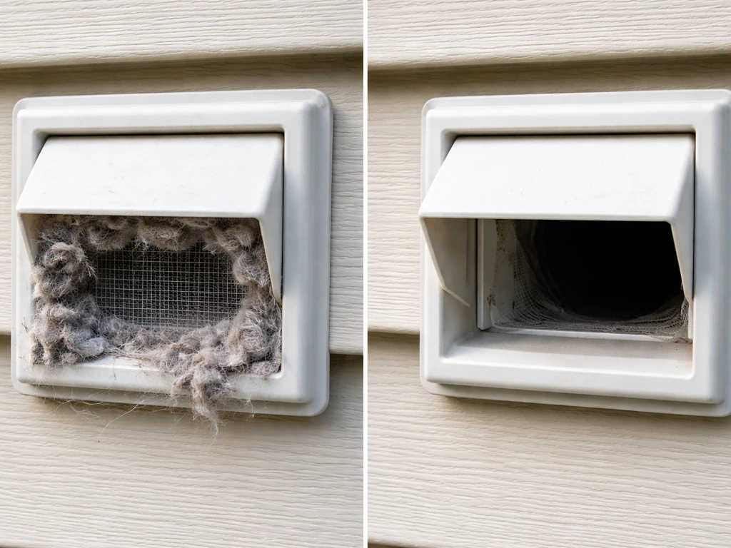 Split view of an obstructed dryer vent termination versus a clear vent outlet with flap open