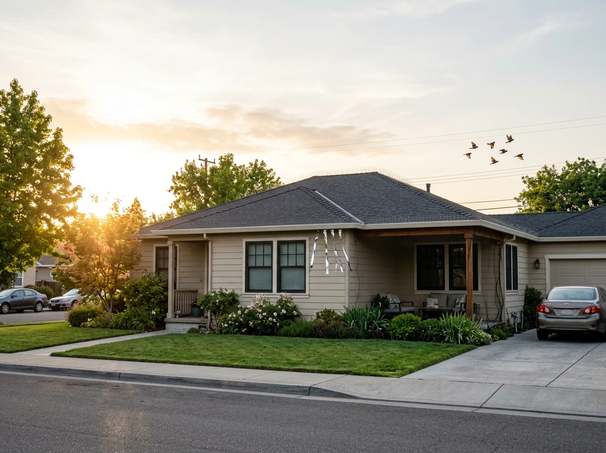 Home exterior showing multiple bird-deterrent protections by location on roof, patio, and windows