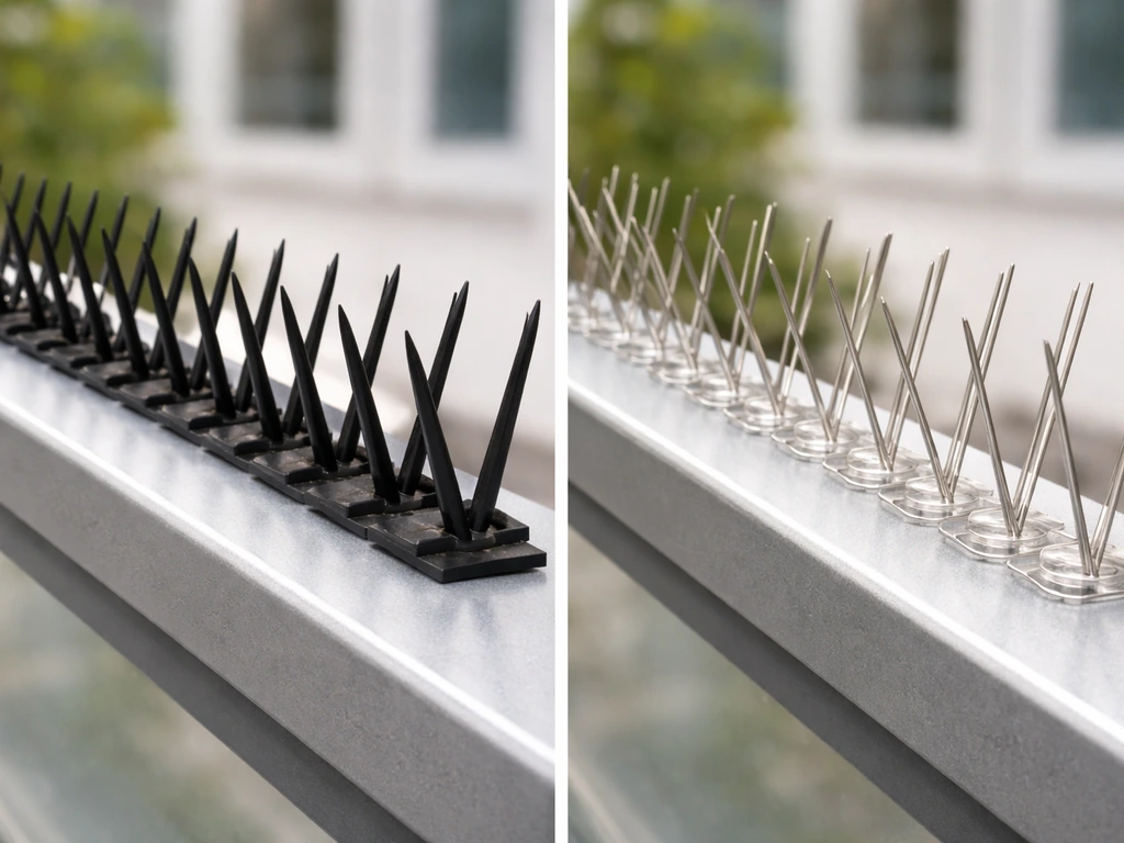 Side-by-side view of plastic and metal bird spikes installed on a ledge rail, showing different materials.