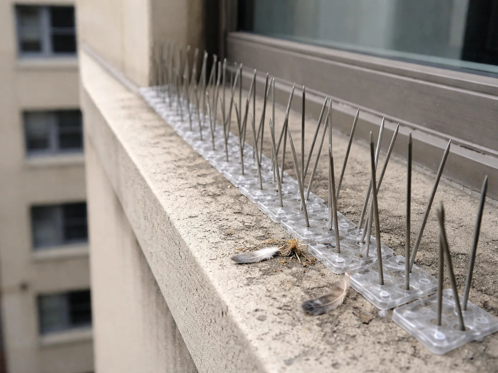 Bird spikes on a metal ledge blocking perching, shown in sharp detail under natural daylight.