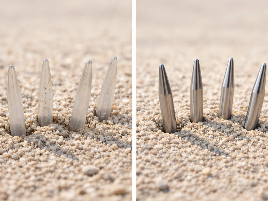 Split image of outdoor plastic spikes with UV cracking versus stainless spikes with clean corrosion resistance.