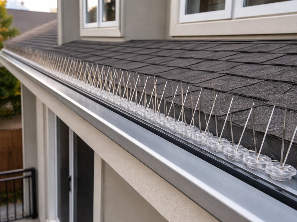 Gap-free bird spikes installed along a roof edge and railing, shown close-up in natural daylight.