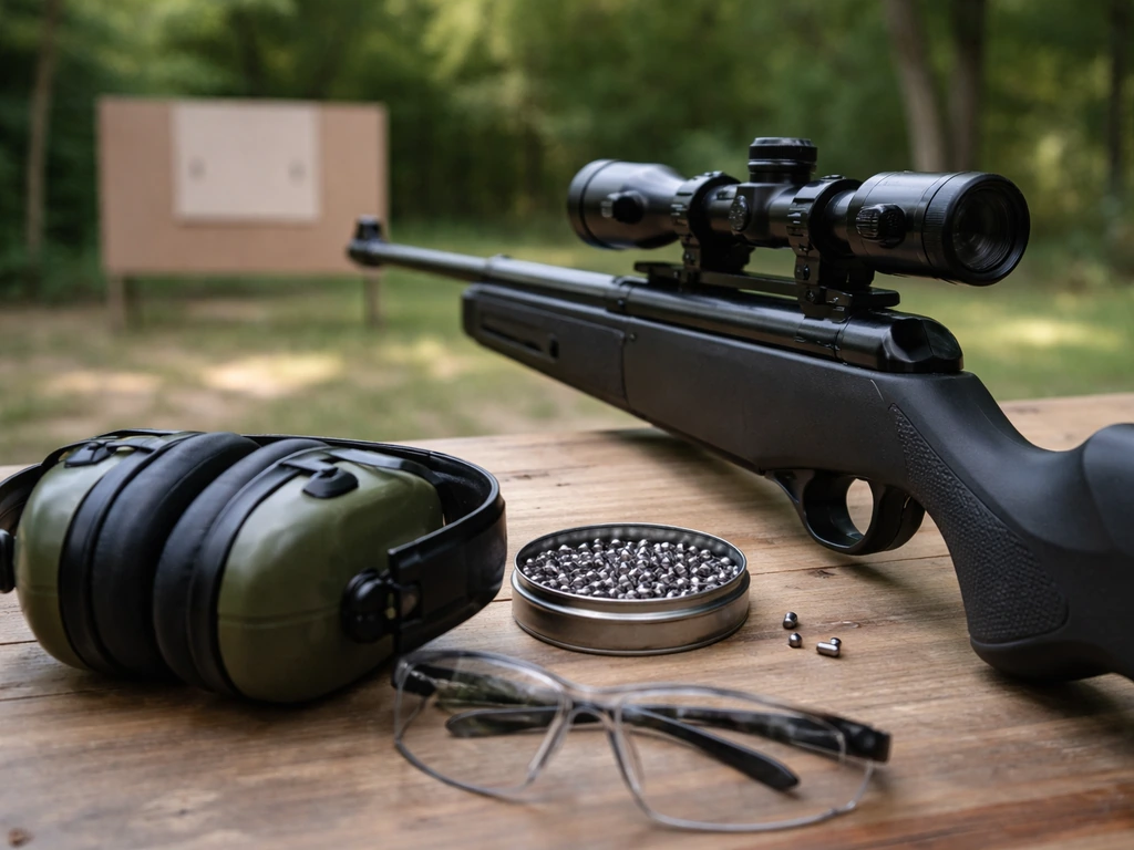 Close-up of a BB airgun on a bench with pellet tin and safety glasses for bird-control setup.