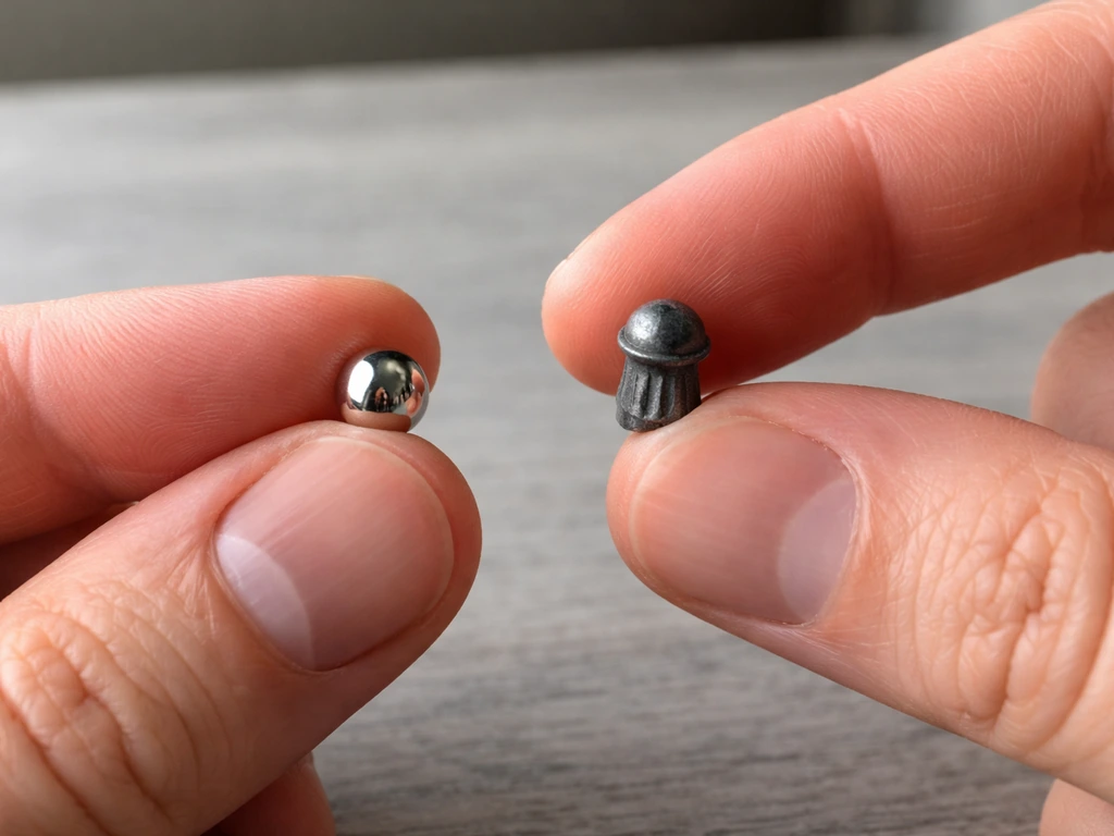 Hands holding a steel BB and a lead pellet, side-by-side on a neutral tabletop to compare shapes and impact behavior.