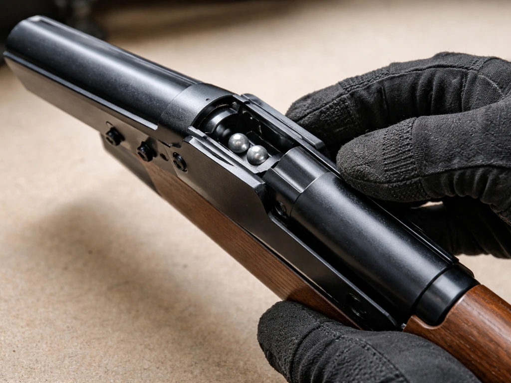 Close-up of an open break-barrel pellet rifle with a pellet placed in the breech area.