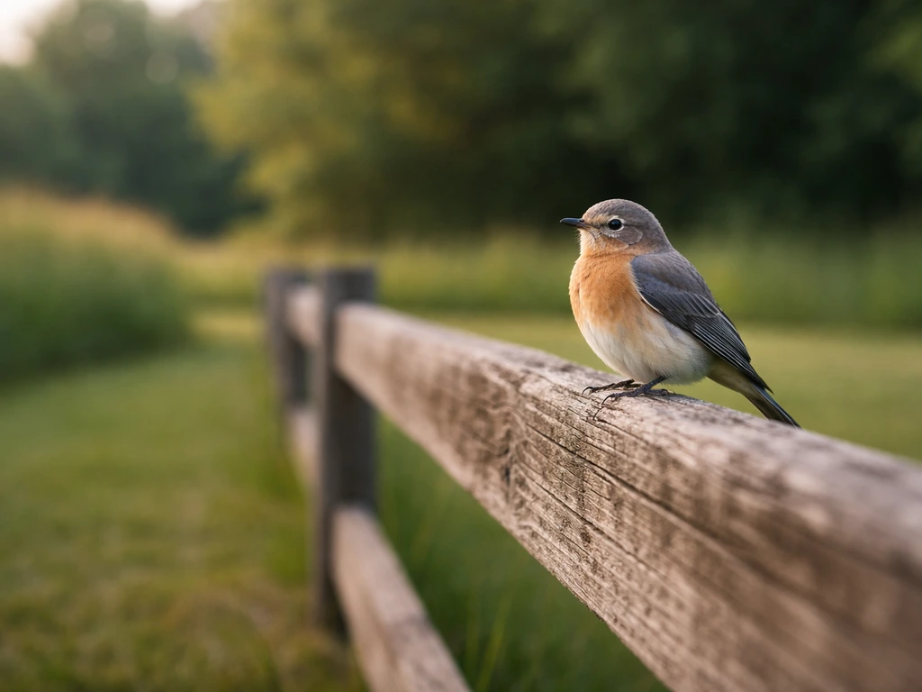 A small bird perched on a wooden fence rail with open yard and trees in the blurred background.