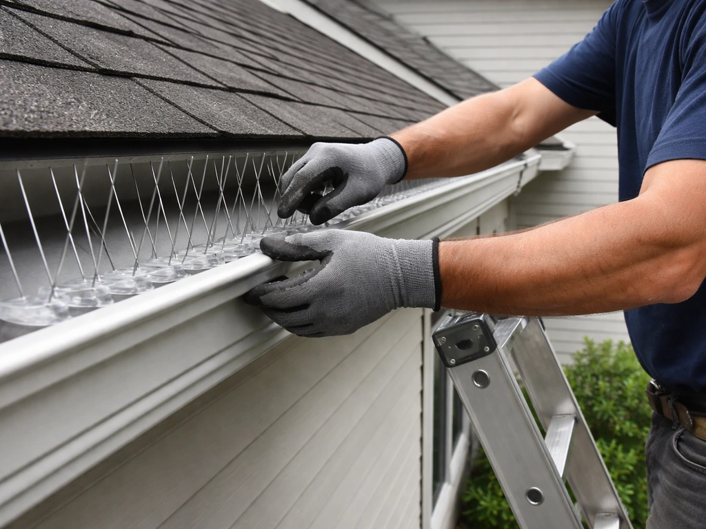 Installer applying bird spikes along a roofline eave, using a ladder beside a quiet house exterior.