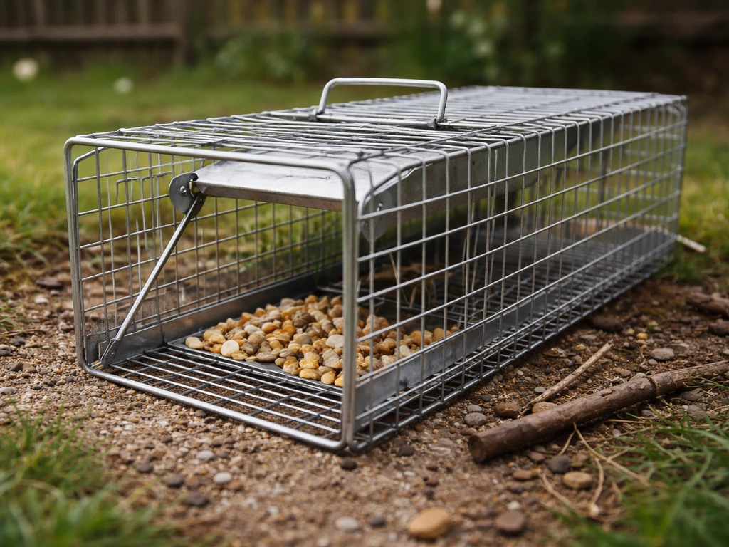 Close-up of a humane bird trap set outdoors with bait and natural surroundings