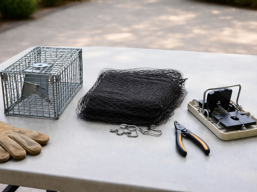Three bird trap types shown side-by-side on a patio table: live capture cage, netting exclusion tools, and a compact let