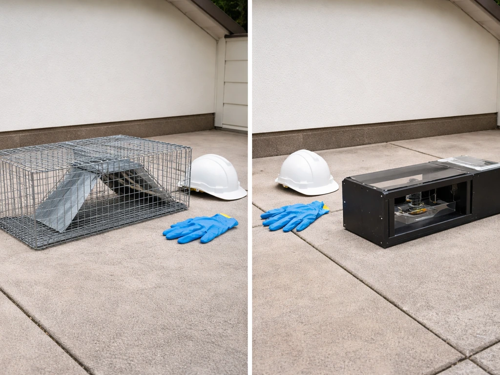 Side-by-side photo of a generic non-lethal live-capture trap and a sealed lethal trap on a patio.