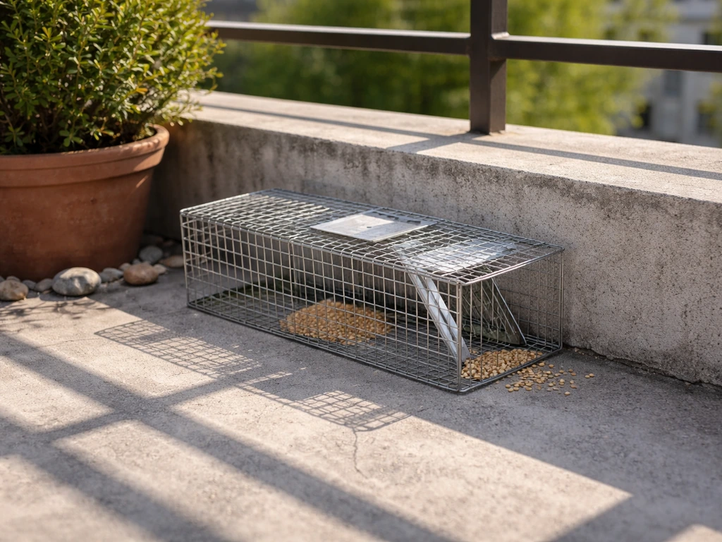 Baited pigeon trap correctly placed on a rooftop concrete ledge near natural cover.