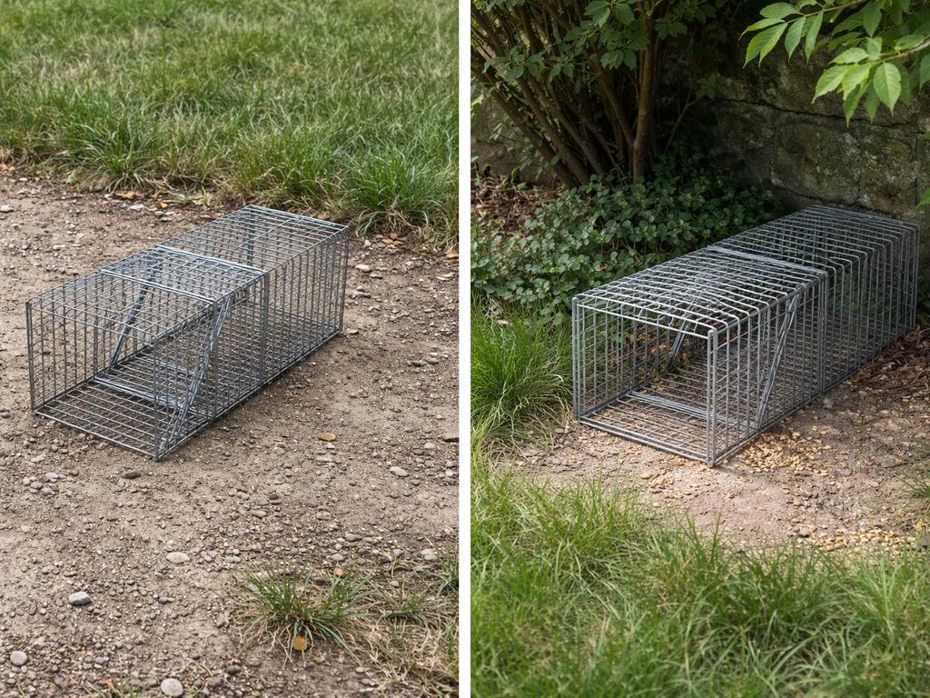 Split view showing a bird trap set exposed with no pre-baiting vs a safer pre-baited set in a sheltered area