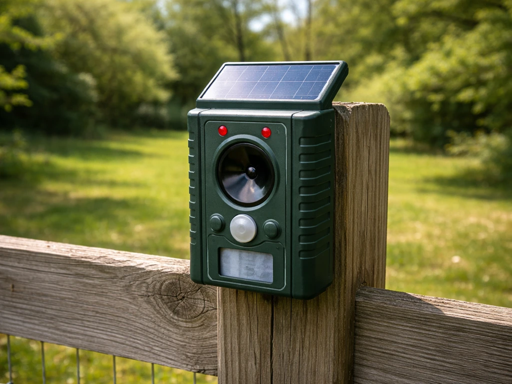 Weatherproof solar ultrasonic animal and bird repeller on a fence post with solar panel in sunlight.