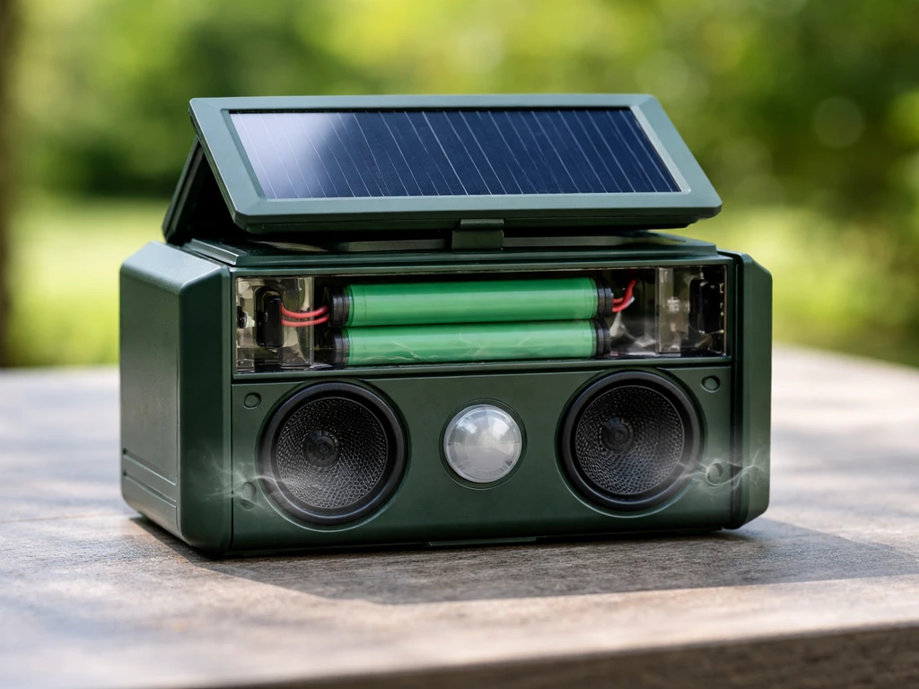 Open solar ultrasonic repeller showing solar panel, battery, and ultrasonic speaker transducers inside.