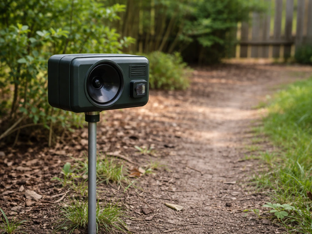 Ground-level ultrasound sensor mounted on a stake at 1–1.5m aiming across a garden path