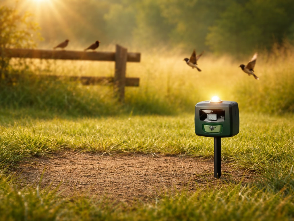 Outdoor bird deterrent device in use with sunlight and a simple field setup showing birds avoiding the area.
