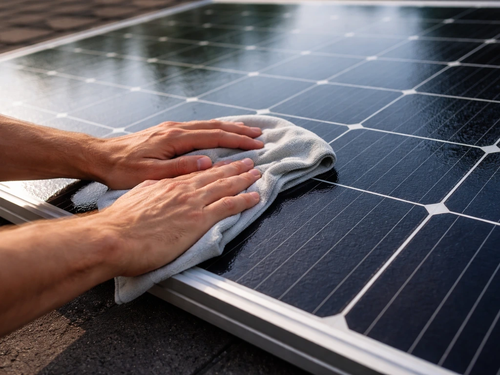 Person gently wiping a solar panel with a damp cloth, showing a clean panel surface outdoors.