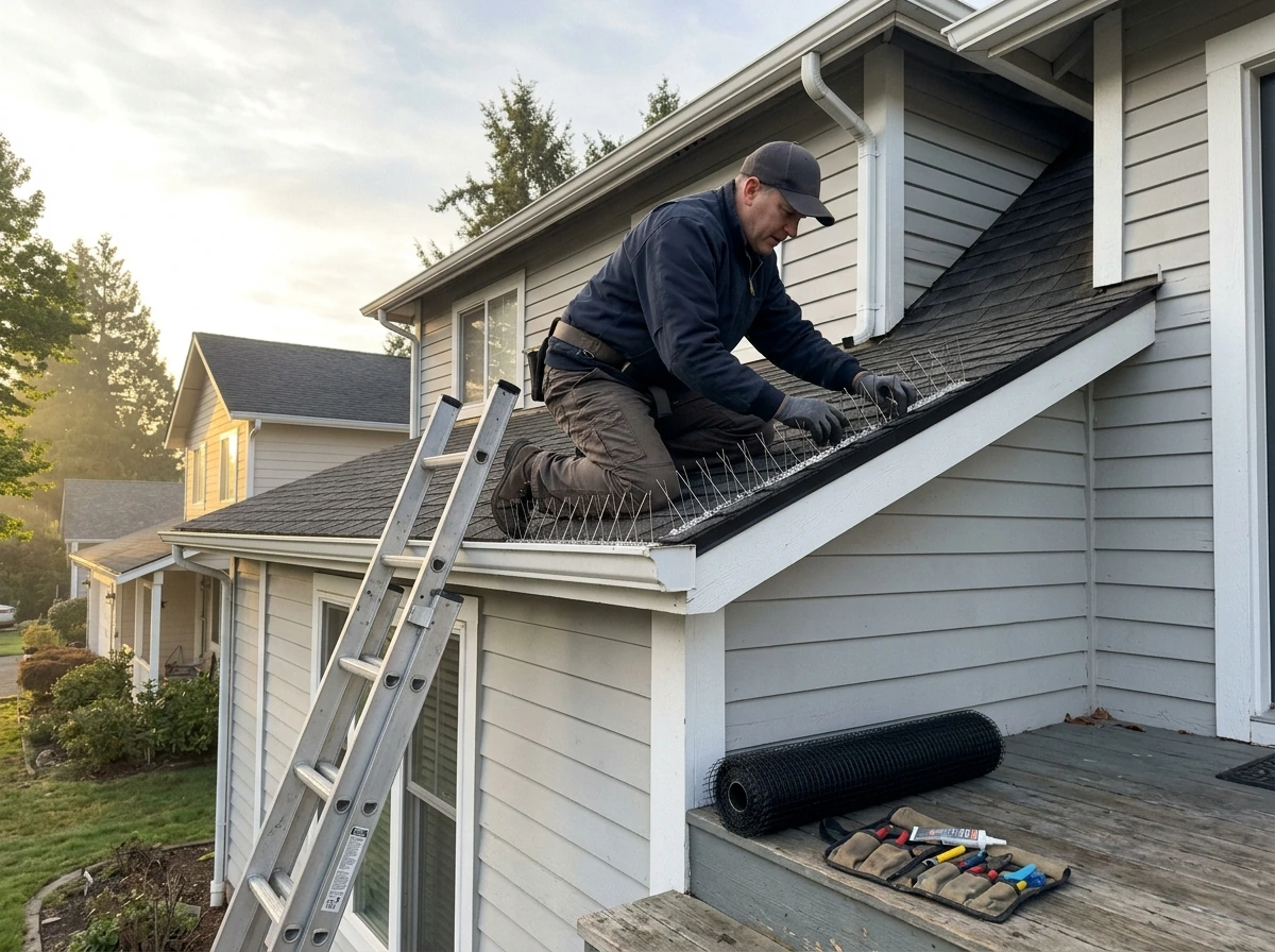Technician installing bird exclusion on roofline to deter black birds