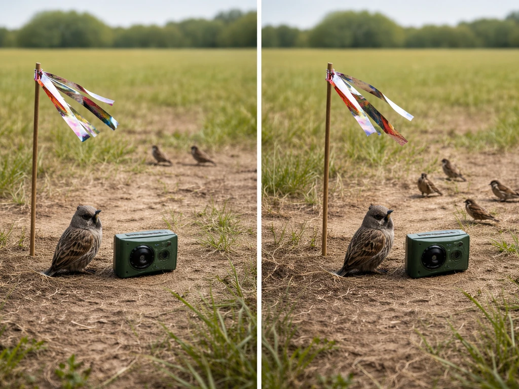Minimal split-scene of a bird scarer setup versus birds wary on one side and ignoring it on the other